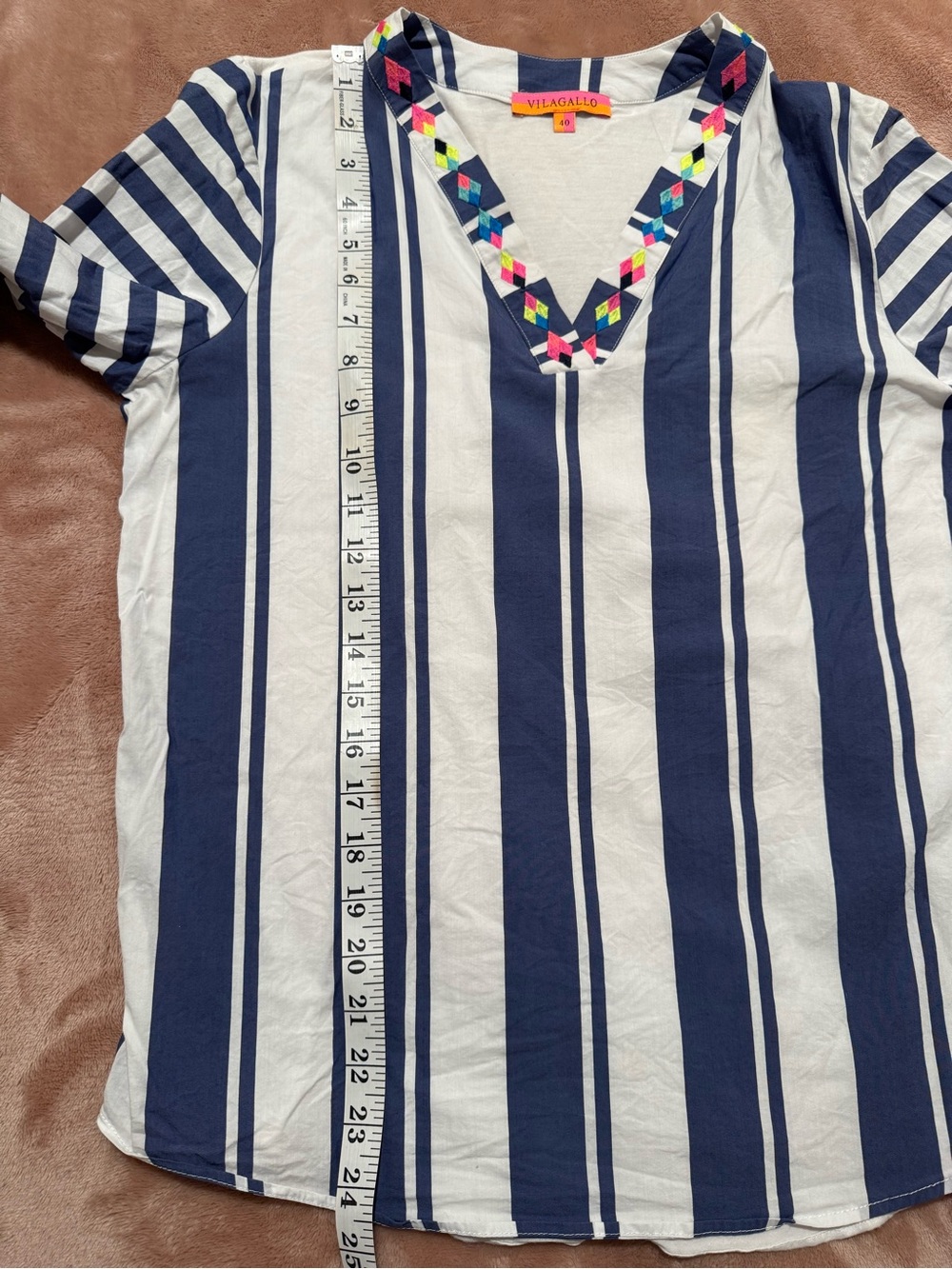 Vilagallo Striped Mixed Media 3/4 Sleeve Top with Neon Embroidery, Size 40 (M) - Picture 8 of 8